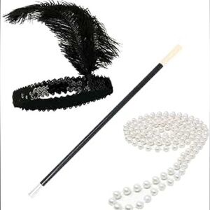 🎁NIP Dressup Halloween Jacobson hat Black Flapper Set with Feather and Beads